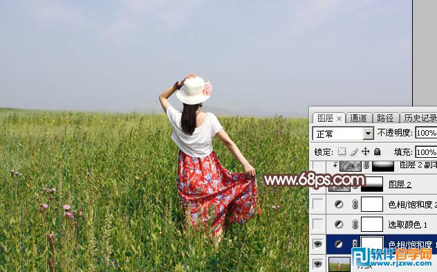 PhotoshopCS6给草原上的少女图片做成梦幻粉色晨雾效果