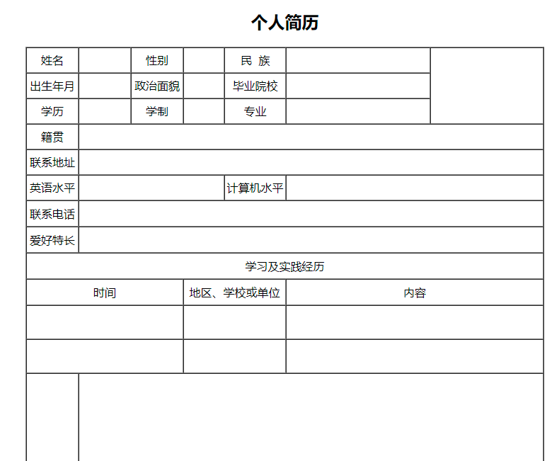 html利用表格制作个人简历